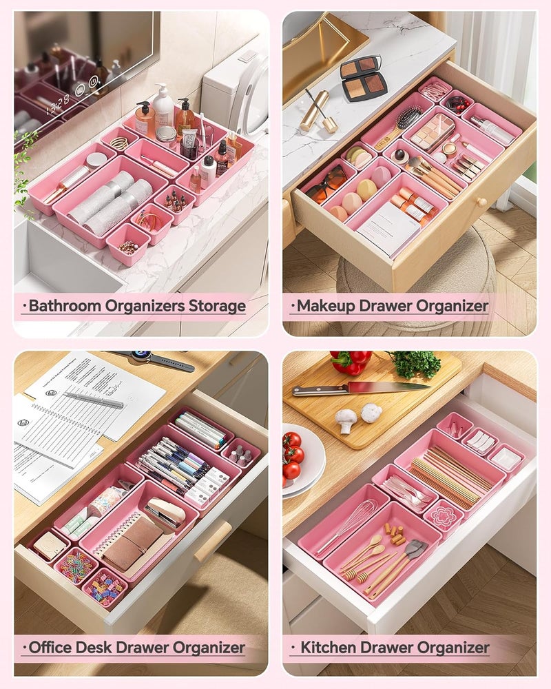 KEMETHY 25 PCS Plastic Drawer Organizers Set, 4 Sizes Vanity Organizer, Makeup and Desk Drawer Organizer Trays, Organization and Storage for Makeup, Bathroom, Kitchen Utensils and Office (Pink) - Image 4